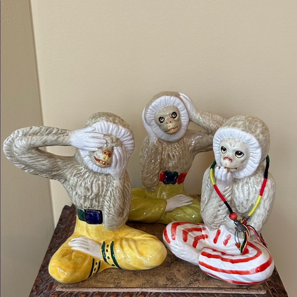 Vintage Italian ceramic  Monkey Figurine Set - Yellow, Red, and Cream